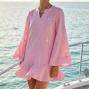 NWT$259 FANM MON x Andie the Serik mini dress pink w embroidered flower accent L